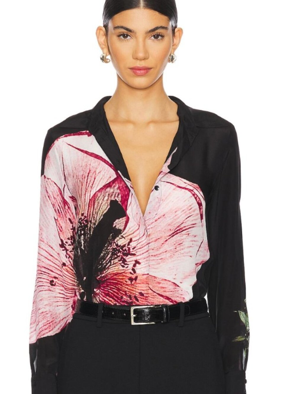 Alice + Olivia Willa Luna Floral 100% Silk Blouse Black Pink Flower large